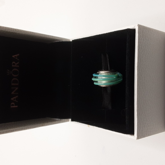Authentic Pandora Clear Teal Murano Glass Ribbon Charm - EUC - Picture 1 of 6